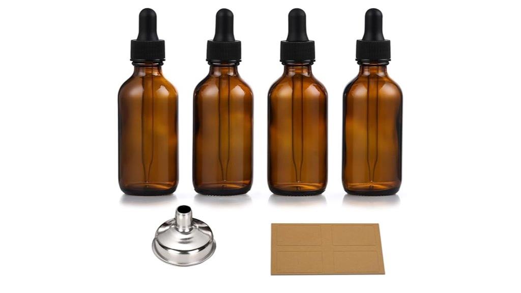 four amber bottles with accessories