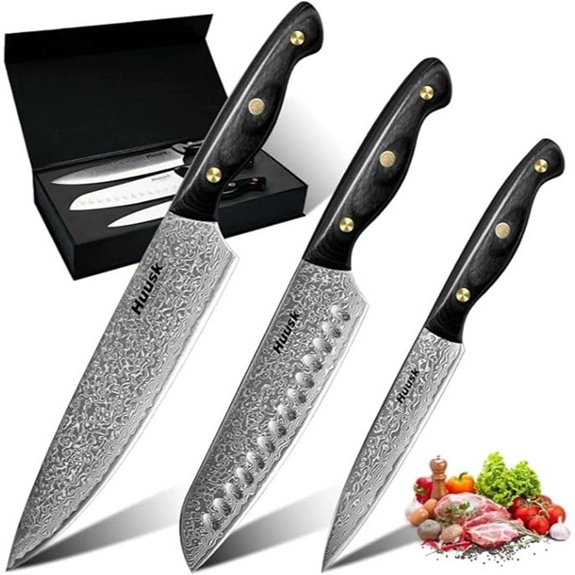 Huusk Damascus Chef Knife Set 3 pcs VG10 Ebony Handle